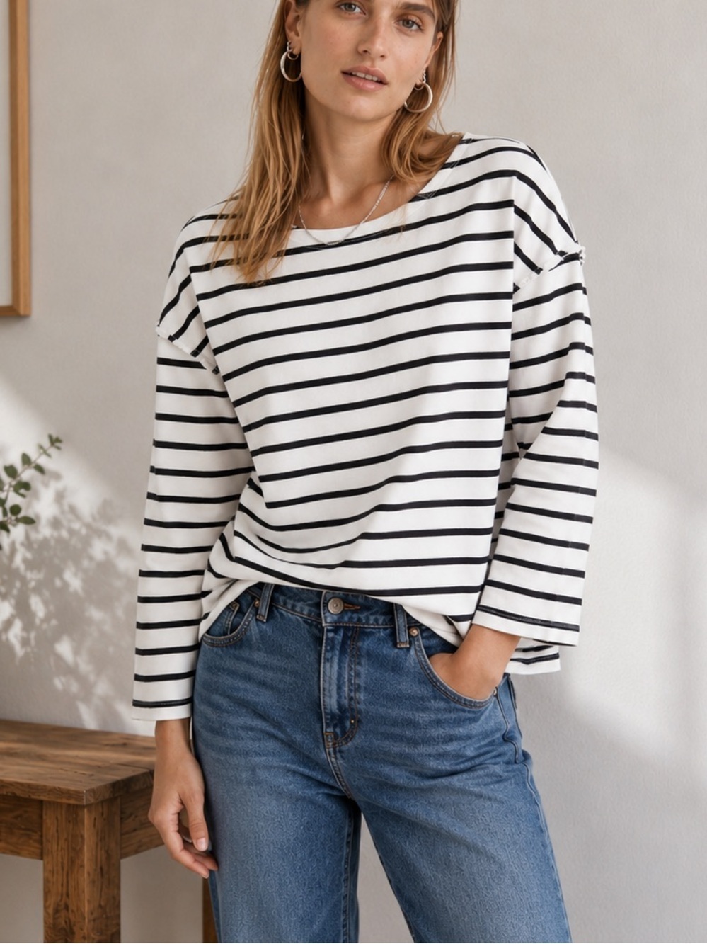 Madewell Luxe Long Sleeve Tee in Casler Stripe Coal Black NB998 Shirt Size Small